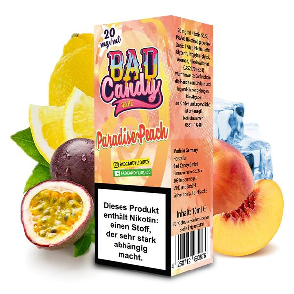 BAD CANDY Paradise Peach Nikotinsalz Liquid 10 ml 20mg Nikotinmenge